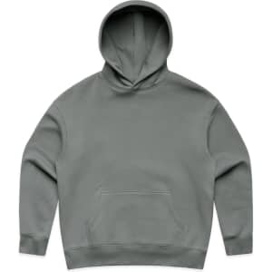A grey hoodie with a front pocket and an attached hood, featuring a logo on the garment.