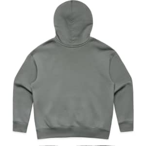 A grey hoodie with a large hood and a plain back, featuring a logo at the neckline.