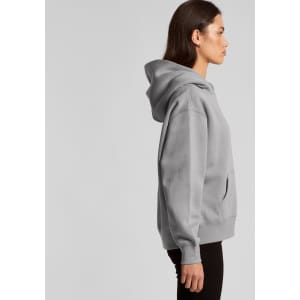 A grey hoodie featuring a kangaroo pocket and a hood, presented from the side. It includes a logo.