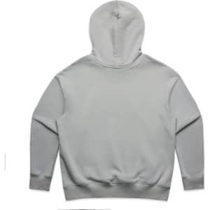 A light grey hoodie with a hood, featuring long sleeves and a simple design. It has a logo on the back.