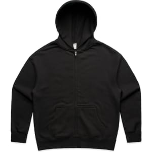 A black zip-up hoodie featuring a front pocket and a hood, with a logo on the garment.