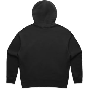 A black zip hoodie featuring a hood and long sleeves, with a branding logo on the back.