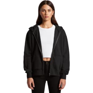 A black zip-up hoodie with a relaxed fit, featuring a hood and a front zipper, worn over a white top.