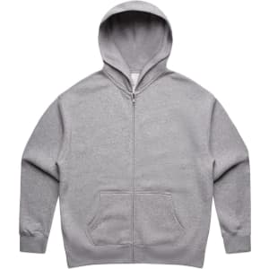 A grey zip-up hoodie with a hood and front pockets, featuring a logo.