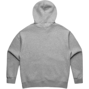 A grey hooded jumper with a spacious hood and long sleeves, featuring a branded logo on the back.