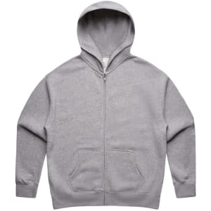 A grey zip-up hoodie with a hood and front pockets, featuring a branding logo on the fabric.