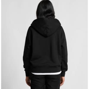 A black hoodie with a half zip and a spacious hood, featuring a logo.