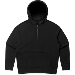 A black half zip hoodie with a front pocket and a hood, featuring a logo. It is designed for comfort and style.