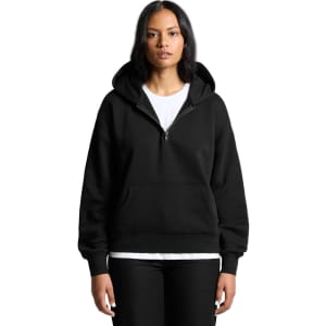 A black half zip hoodie with a front pocket and a hood, featuring a logo on the chest.