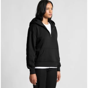 A black half-zip hoodie with a front pocket and a hood, featuring a relaxed fit.