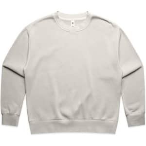 A light grey crew jumper with long sleeves and a round neckline, featuring a logo on the label.