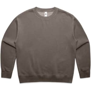A faded crew jumper in a muted grey colour, featuring a simple design and a logo.