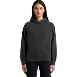 A faded black hoodie with a front pocket and a large hood, featuring a small logo.