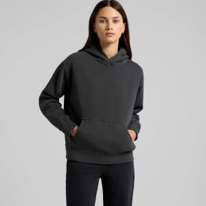 A faded black hoodie with a front pocket and a drawstring hood, featuring a logo.