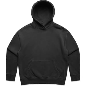 A black hoodie with a front pocket and a spacious hood, featuring a logo on the chest area.