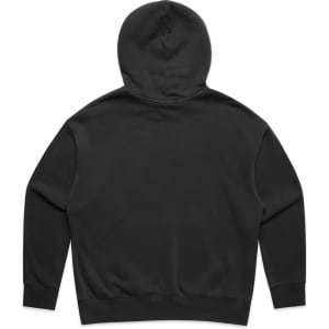 A black hoodie with a hood and long sleeves, featuring a plain back design. It includes a logo.