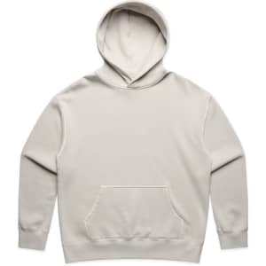 A light grey hoodie with a front pocket and a hood, featuring a brand logo.