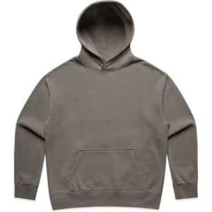 A faded olive green hoodie with a front pouch pocket and a hood, featuring a logo.