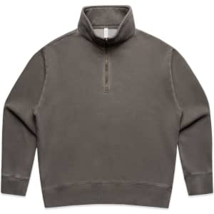 A faded half-zip jacket in grey, featuring a high collar and long sleeves, with a logo present.