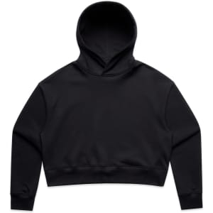 A cropped black hoodie with a hood, featuring a minimalistic design and fitted cuffs. Includes a logo.