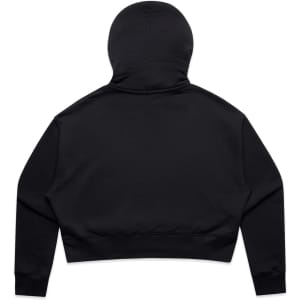 A black crop hoodie with a hood and a fitted bottom hem. The back view displays a minimalist design.