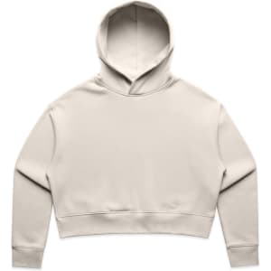 A cropped hoodie in a soft beige colour, featuring a hood and long sleeves. Includes a logo on one side.