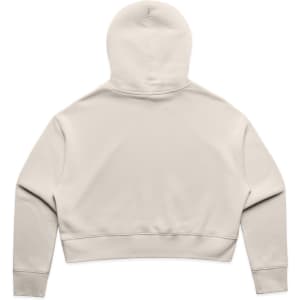 A cropped hoodie in a light beige colour, featuring a hood and long sleeves, with a brand logo on the back.