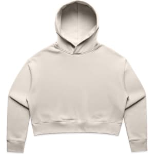 A cream-coloured cropped hoodie with a hood and long sleeves. It features a minimalistic design and a logo.