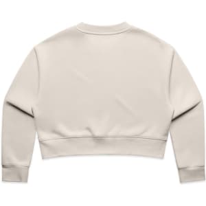 A beige crop crew jumper featuring a simple design and long sleeves with a logo on the back.