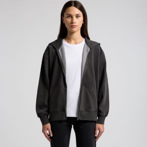 A faded charcoal zip hoodie with a grey lining and a front zip, featuring a hood and a relaxed fit.