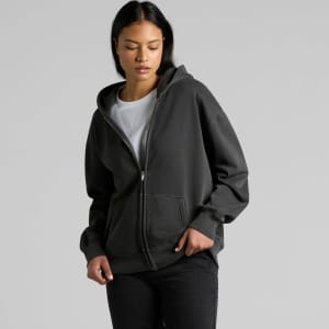 A faded zip hoodie in dark grey, featuring a front pocket and a hood, worn by a model.