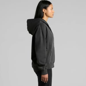 A faded zip hoodie in charcoal grey, featuring a hood and a kangaroo pocket, shown from the side.