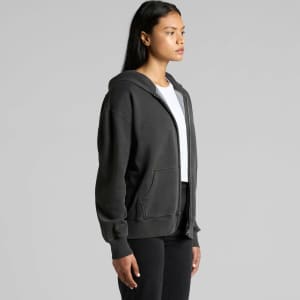 A dark grey zip hoodie features a hood and front pockets, with casual styling and a relaxed fit.