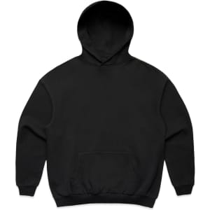 A black hoodie with a hood and a front pocket, featuring a logo on the front.