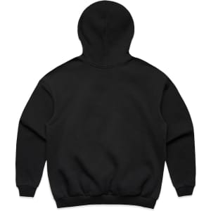 A black hooded jumper featuring a smooth back design and elasticised hem and cuffs. It has a logo.