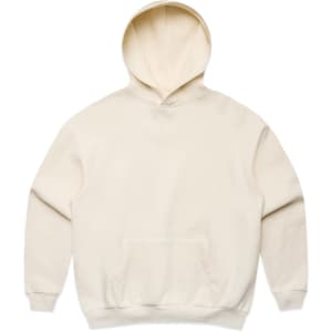 A cream-coloured hoodie featuring a front pocket and a hood, with branding on the garment.