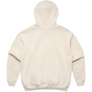 A cream-coloured hoodie with a large hood and ribbed cuffs and hem, featuring a logo.