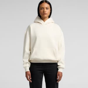 A cream-coloured hoodie with a kangaroo pocket and a hood, featuring a logo on the front.