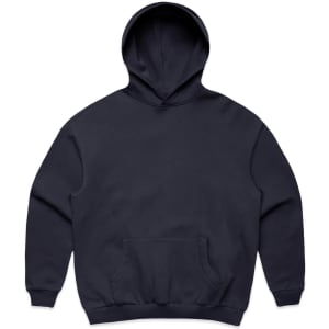 A navy blue hoodie with a front pocket and a drawstring hood. It has a logo present.