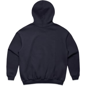 A dark navy hoodie with a spacious hood and ribbed cuffs and hem. The back features a plain design and a logo.