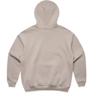 A beige hoodie with a back view, featuring a large hood and ribbed cuffs. The product has a logo.