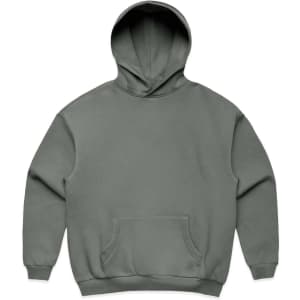 A grey hoodie featuring a front pocket and a large hood, with a brand logo on the design.