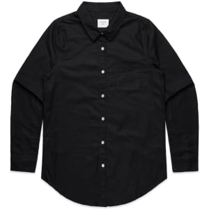 A black button-up shirt with a collar and a single chest pocket. It features a logo on the label.