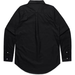 A black button-up shirt with long sleeves and a classic collar, featuring a logo on the back.