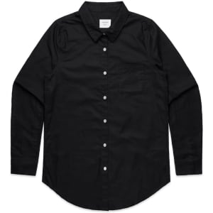 A black button-up shirt featuring a front pocket and a collared neckline. It has a subtle logo on the label.