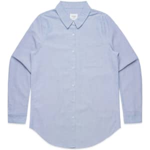 A light blue button-up shirt with a collar and a single chest pocket, featuring a logo.