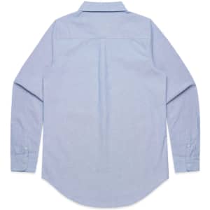 A light blue button-up shirt with long sleeves and a back pleat. The shirt has a collar and buttoned cuffs.