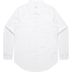 A white button-up shirt with long sleeves and a chest pocket, featuring a subtle logo.