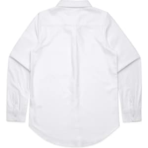 A white button-up shirt with long sleeves and a rear yoke design, featuring logo branding.