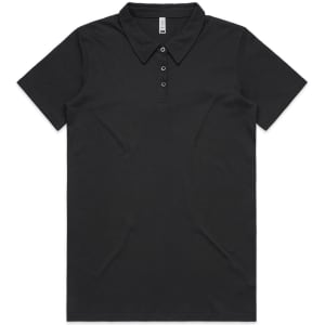 A black polo shirt featuring a classic collar and a logo. It has short sleeves and a button-up front.